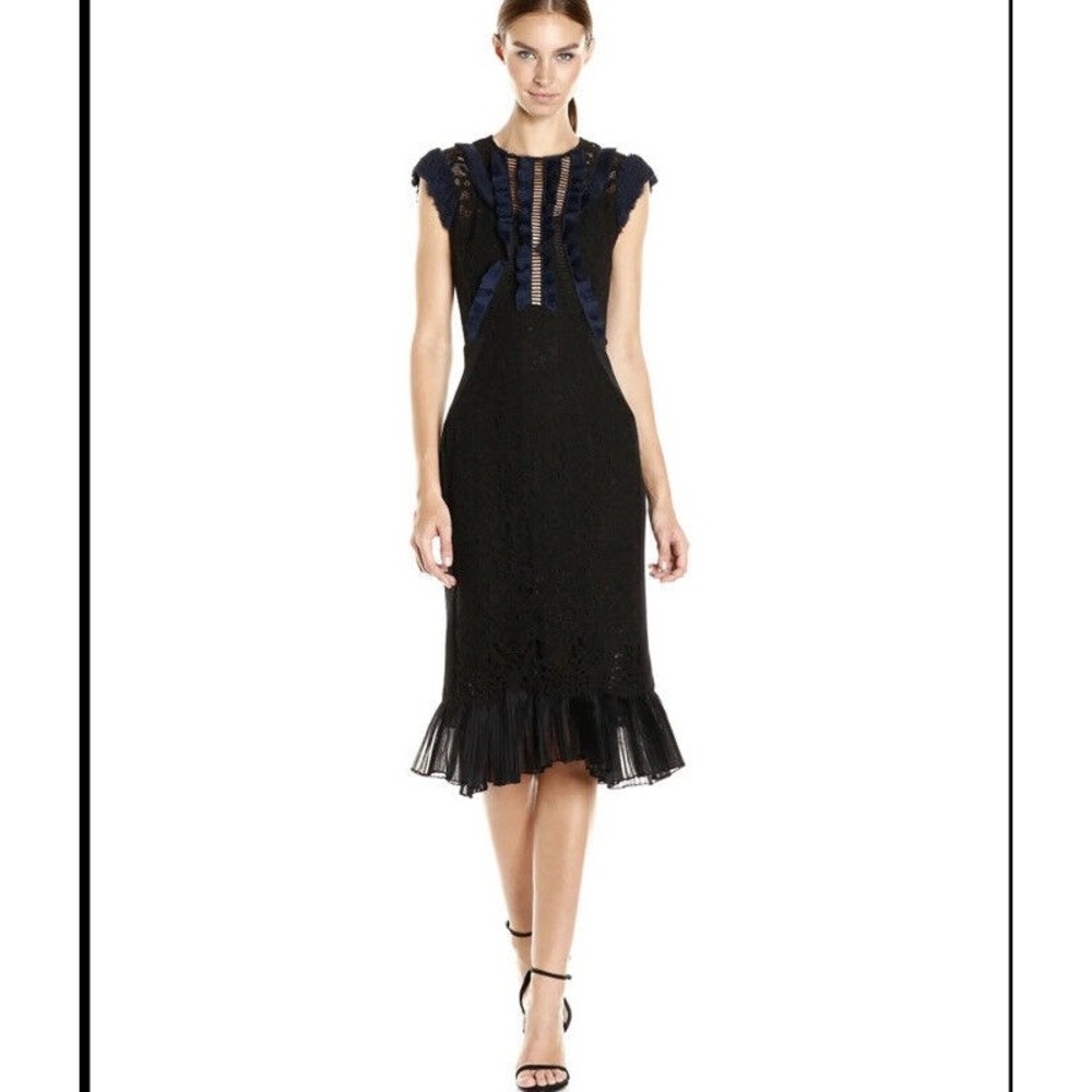 Rebecca Taylor Women's Sleeveless Vien Lace Ruffle Dress, Black/Navy cocktail